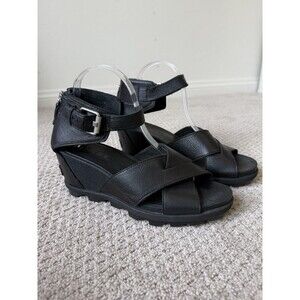 Sorel Joanie II Leather Strappy Wedge Sandals Size 10 Black Zip Platform Lug
